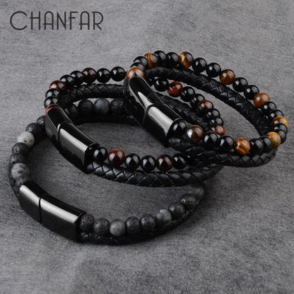 Natural Stone Bracelets Genuine Leather Braided Bracelets Black Stainless Steel Magnetic Clasp Tiger eye Bead Bangle Men Jewelry.Free Shipping