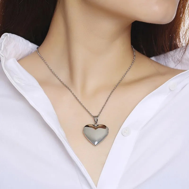 Vnox Light Heart Locket Pendants for Women Men Openable Photo Frame Glossy Stainless Steel Necklaces Family Love Collar - Giftcare 