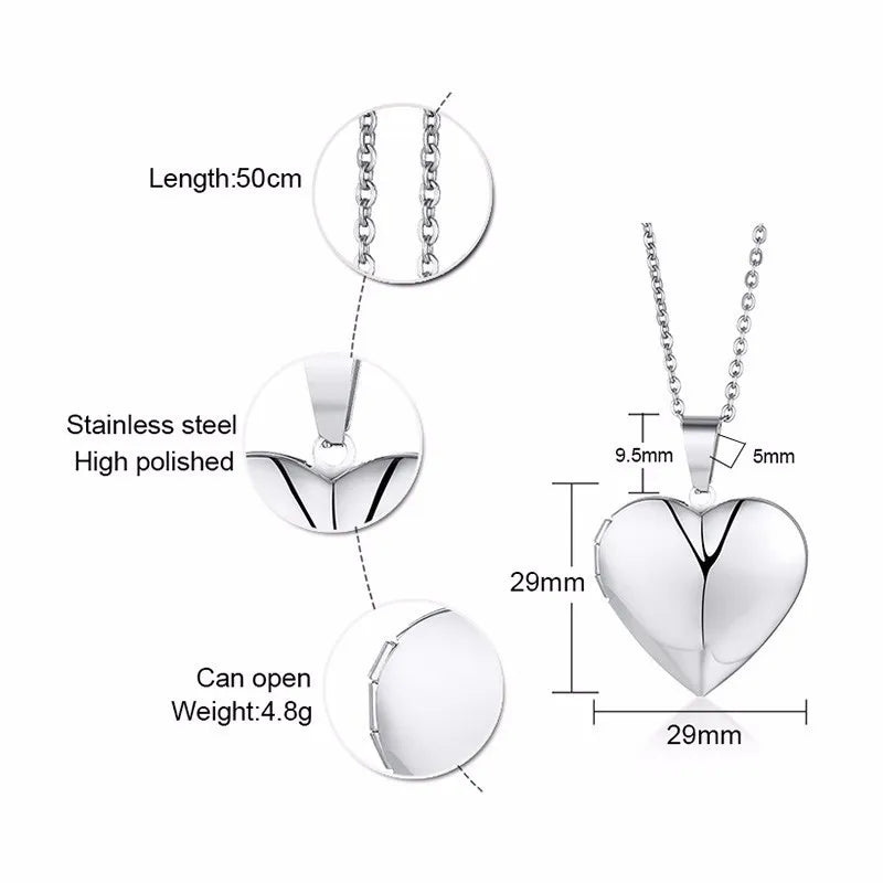 Vnox Light Heart Locket Pendants for Women Men Openable Photo Frame Glossy Stainless Steel Necklaces Family Love Collar - Giftcare 