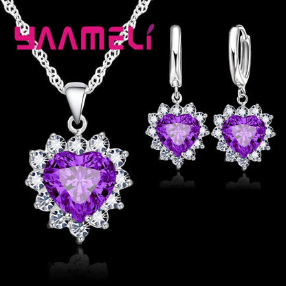 Trendy 925 Sterling Silver Jewelry Set for Women Heart CZ Stone Charm Pendants Necklaces Earrings LOVE Anniversary Gift - Giftcare 