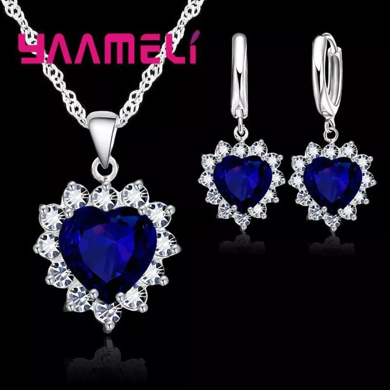 Trendy 925 Sterling Silver Jewelry Set for Women Heart CZ Stone Charm Pendants Necklaces Earrings LOVE Anniversary Gift - Giftcare 