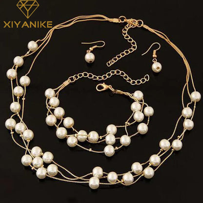 Imitation Pearl Jewelry Set Simulated Pearl Double Layer Women Earrings Necklace Bracelet Sets for Wedding N271 - Giftcare 
