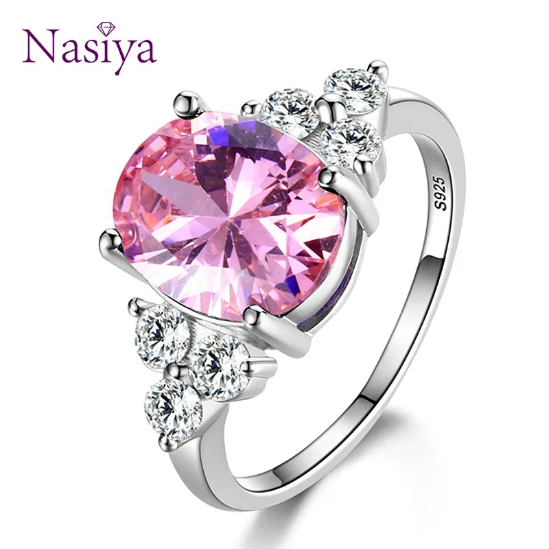 Women's Jewelry 925 Sterling Silver Rings White Pink Light Blue Champagne Zircon Oval Wedding Ring.Free shipping