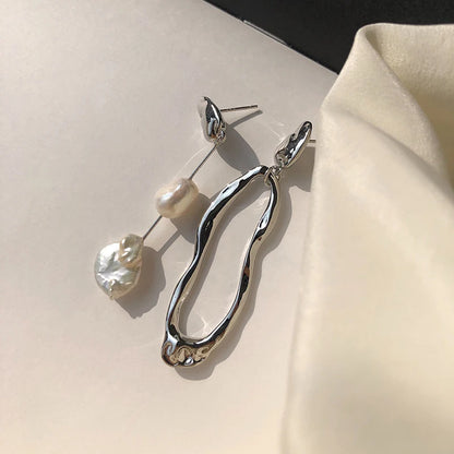 New Elegant Asymmetric Earring Freshwater Pearl Metallic Exaggerated Long Stud Earring