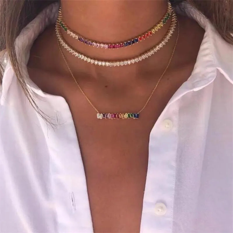 NEWESThigh quality rainbow baguetee cz bar geometric Pendant & Necklaces colorful crystal Gold filled women fashion choker gifts - Giftcare 