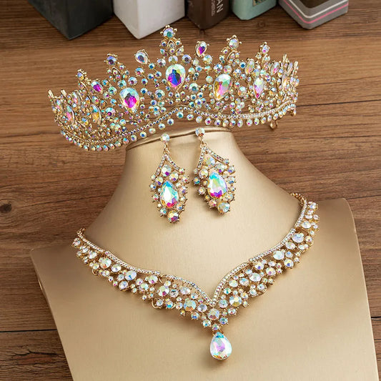 KMVEXO Gorgeous Crystal AB Bridal Jewelry Sets Fashion Tiaras Earrings Necklaces Set for Women Wedding Dress Crown Jewelry Set - Giftcare 