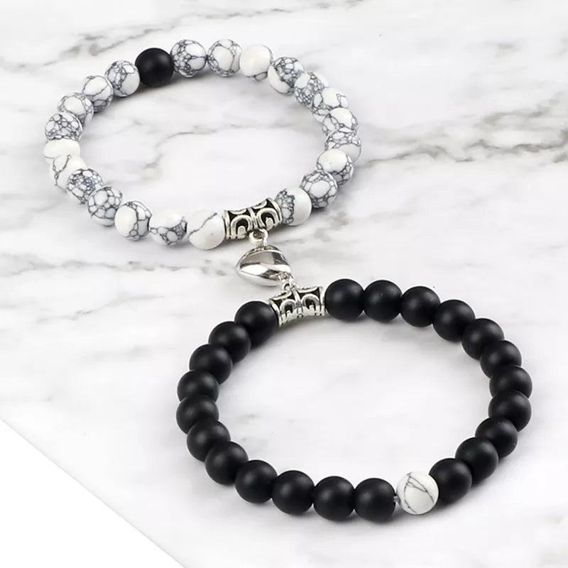 Hot Sale 2Pcs/Set Beads Bracelet For Lovers Natural Stone Distance Heart Magnet Couple Bracelets Friendship Fashion Jewelry Gift.Free shipping