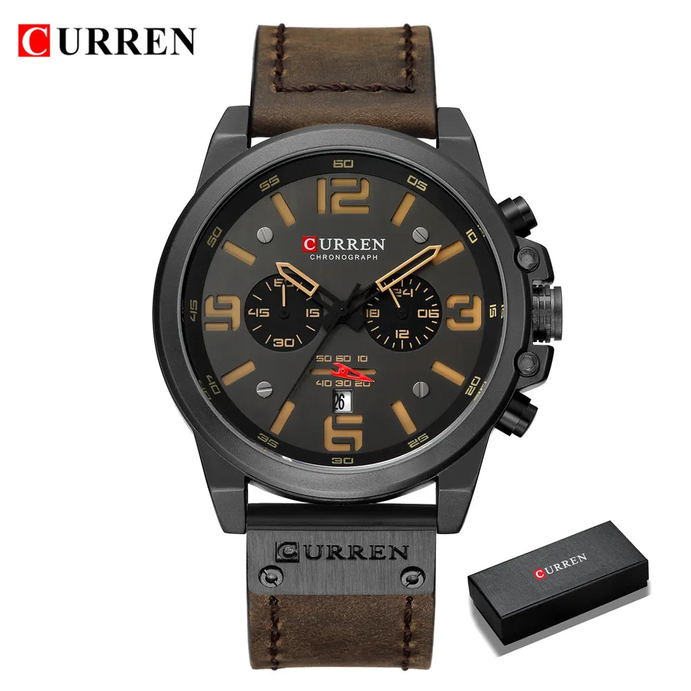 CURREN Mens Watches Top Luxury Brand Waterproof Sport Wrist Watch Chronograph Quartz Military Genuine Leather Relogio Masculino - Giftcare 
