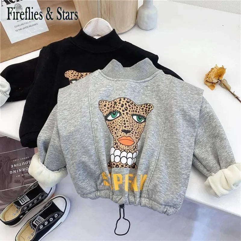 Spring Winter Girls Sweat Shirt Baby Hoodies For Kids Pullover Tops Children Warm Clothes Fashion Leopard Print Velvet 2 To 7 Yr - Giftcare 