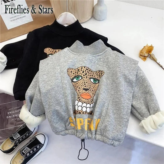 Spring Winter Girls Sweat Shirt Baby Hoodies For Kids Pullover Tops Children Warm Clothes Fashion Leopard Print Velvet 2 To 7 Yr - Giftcare 