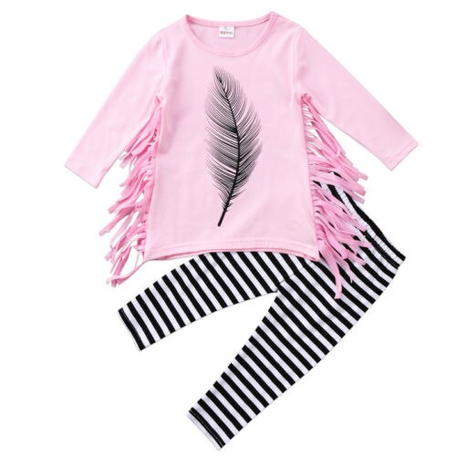 2pcs Autumn Winter Baby Girls Clothes Long Sleeve Feather Kids Tassel Top+Striped Pant Baby Clothing Set - Giftcare 