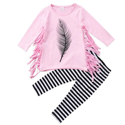 2pcs Autumn Winter Baby Girls Clothes Long Sleeve Feather Kids Tassel Top+Striped Pant Baby Clothing Set - Giftcare 