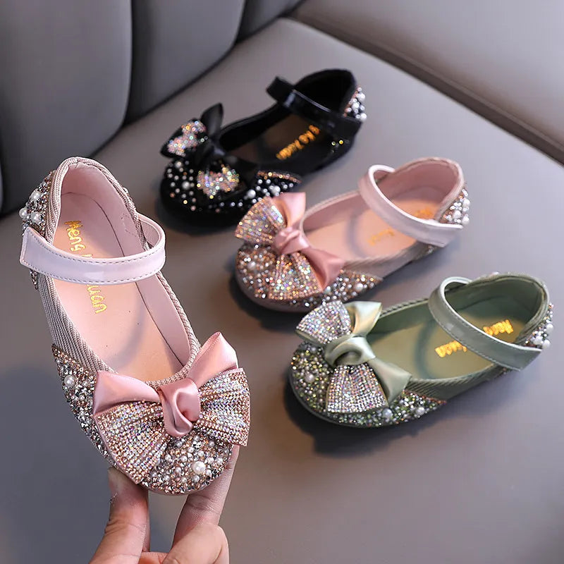 New Children Leather Shoes Rhinestone Bow Princess Girls Party Dance Shoes Baby Student Flats Kids Performance Shoes D785 - Giftcare 