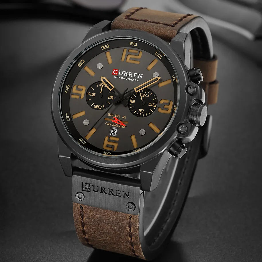 CURREN Mens Watches Top Luxury Brand Waterproof Sport Wrist Watch Chronograph Quartz Military Genuine Leather Relogio Masculino - Giftcare 