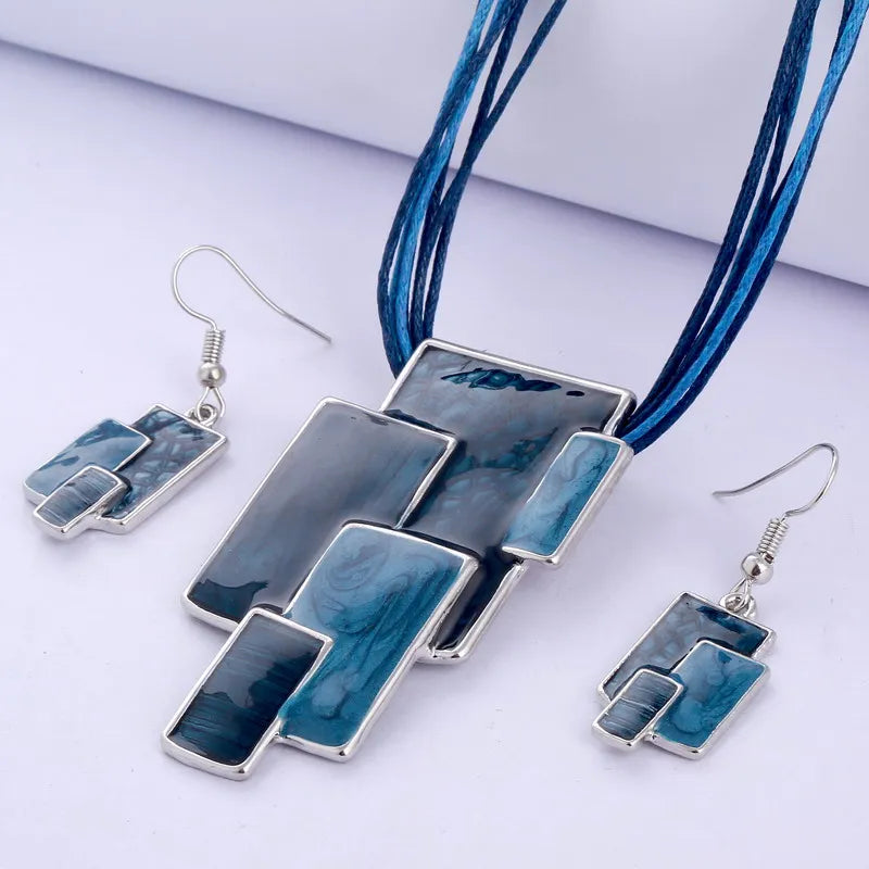 Bohemian Enamel Jewelry Sets For Women Silver Plated Geometric Big Gem Pendant Necklace And Earrings Set Wholesle Jewelry Set - Giftcare 