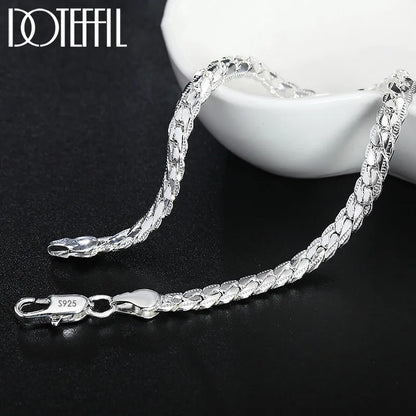 DOTEFFIL 925 Sterling Silver 8/16/18/20/22/24 Inch 6mm Side Chain Necklace Bracelet For Woman Men Fashion Charm Wedding Jewelry.Free shipping
