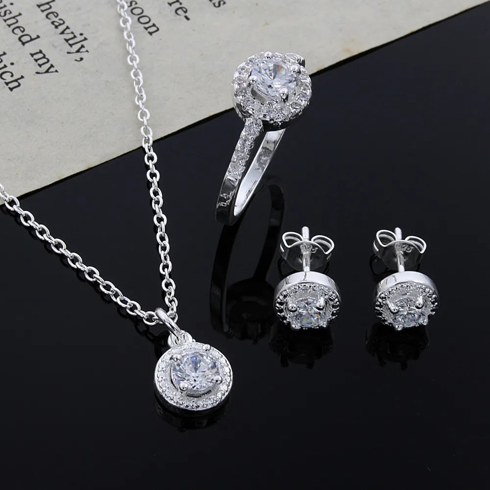 925 Sterling silver Cute Solid Christmas gift noble fashion elegant women shiny crystal CZ necklace earring ring jewelry Set - Giftcare 