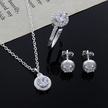 925 Sterling silver Cute Solid Christmas gift noble fashion elegant women shiny crystal CZ necklace earring ring jewelry Set - Giftcare 