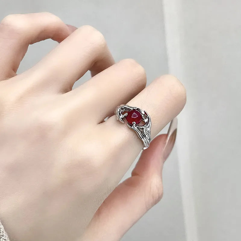 Irregular Gemstone Ring Aesthetic Girl Hollow Red Stone Ring Women's Liquid Hollow Ring Vintage Jewelry Accessories.Free shipping
