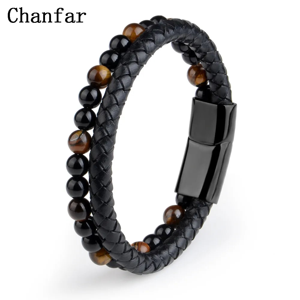 Natural Stone Bracelets Genuine Leather Braided Bracelets Black Stainless Steel Magnetic Clasp Tiger eye Bead Bangle Men Jewelry.Free Shipping