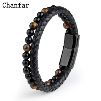 Natural Stone Bracelets Genuine Leather Braided Bracelets Black Stainless Steel Magnetic Clasp Tiger eye Bead Bangle Men Jewelry.Free Shipping
