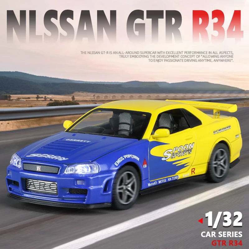 1:32 Nissan Skyline GTR R34 JDM Racing Car Toy Model Diecast Metal GT-R Spoon Sport Miniature Collection Sound Light Pull Back