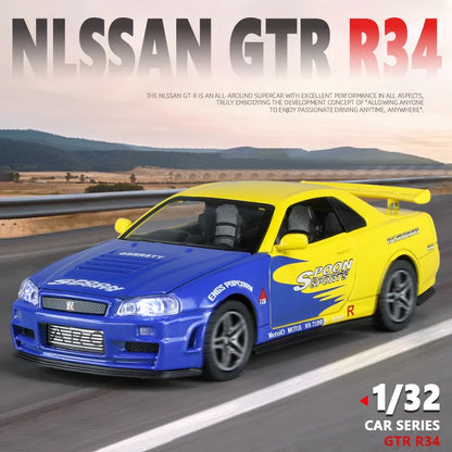 1:32 Nissan Skyline GTR R34 JDM Racing Car Toy Model Diecast Metal GT-R Spoon Sport Miniature Collection Sound Light Pull Back