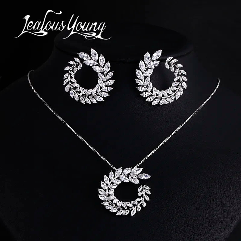 Two Size New Design Luxury AAA Zircon Olive Branch Earrings and Pendant Jewelry Sets For Fashion Women Wedding Jewelry Set AS128 - Giftcare 