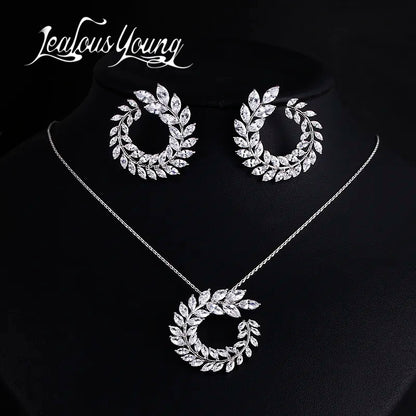 Two Size New Design Luxury AAA Zircon Olive Branch Earrings and Pendant Jewelry Sets For Fashion Women Wedding Jewelry Set AS128 - Giftcare 