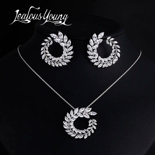 Two Size New Design Luxury AAA Zircon Olive Branch Earrings and Pendant Jewelry Sets For Fashion Women Wedding Jewelry Set AS128 - Giftcare 