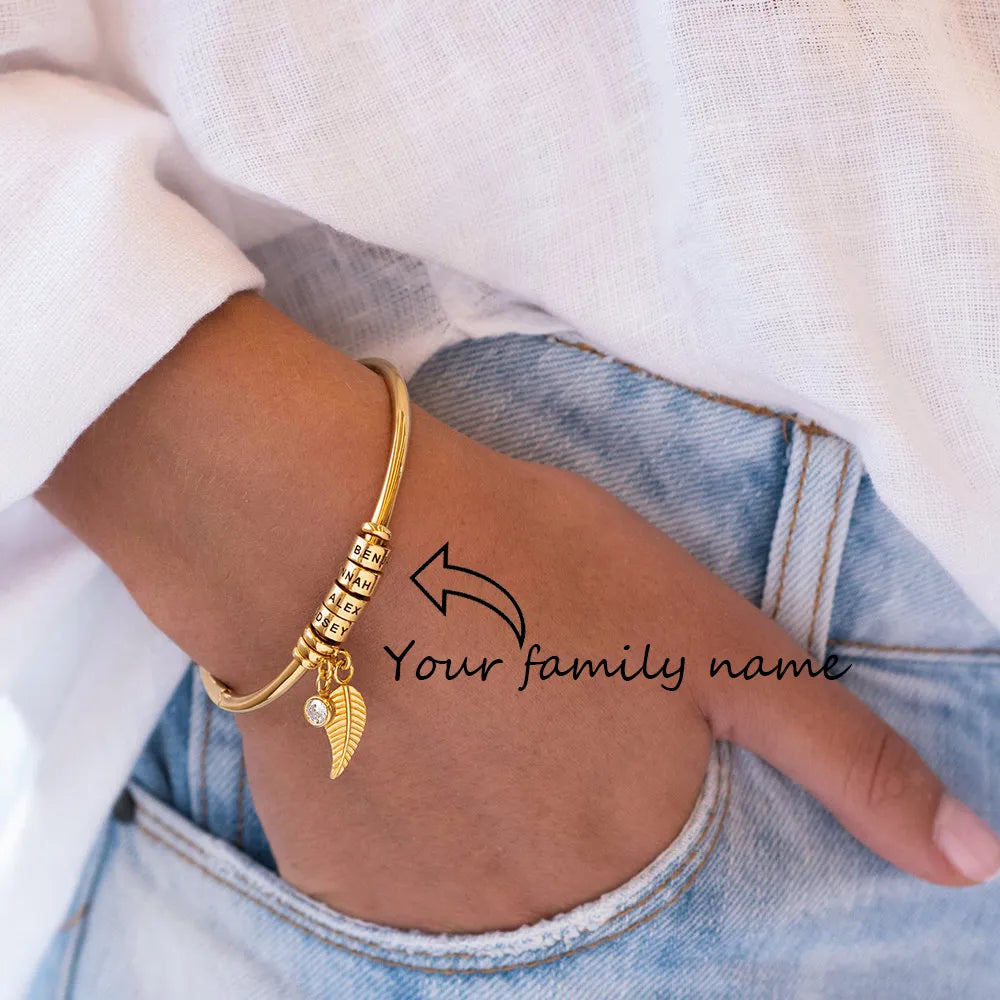 Customized Names Bracelet for Women with 12 Colors Birthstone Bohemia Leaf Bangles Personalized Stainless Steel Open Cuff Gifts - Giftcare 