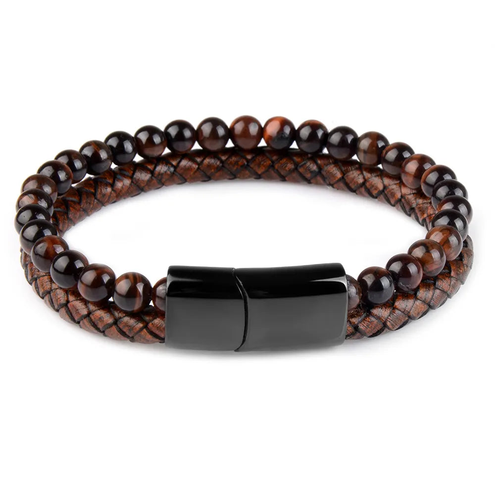 Natural Stone Bracelets Genuine Leather Braided Bracelets Black Stainless Steel Magnetic Clasp Tiger eye Bead Bangle Men Jewelry.Free Shipping