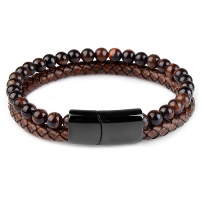 Natural Stone Bracelets Genuine Leather Braided Bracelets Black Stainless Steel Magnetic Clasp Tiger eye Bead Bangle Men Jewelry.Free Shipping