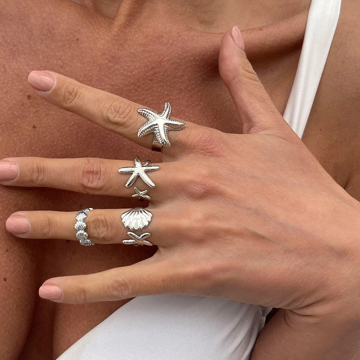 LATS 4Pcs/Set Starfish Scallop Adjustable Open Rings for Women Summer Trendy Geometric Gold Color Beach Jewelry Accessory