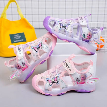 Disney Girls' Sandals Lights Summer Style Children's Anti-skid Soft Soles Elsa Princess Carton Shoes Pink Purple Size 23-36 - Giftcare 