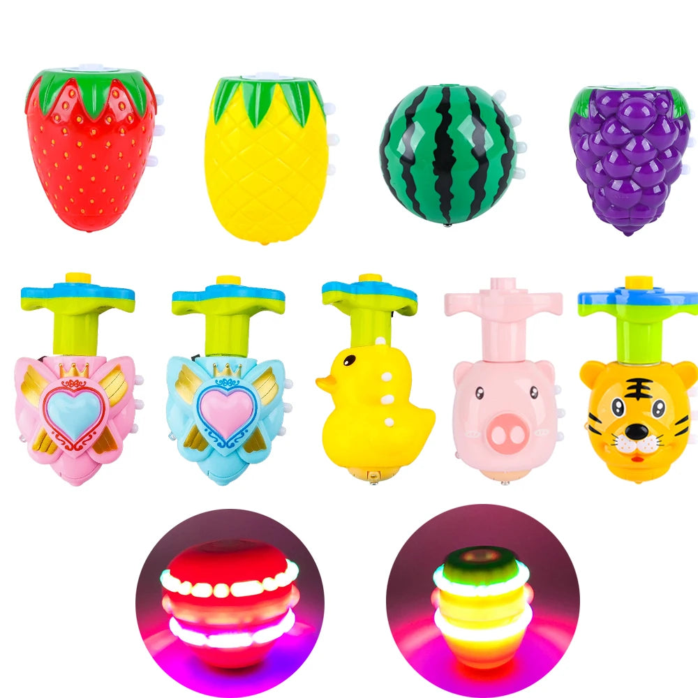 Flashing Spinning Twirl Top Children Light up Toy, Fruit Animal Shapes Heart Crown, LED, Music Gyroscope Launcher Birthday Gift