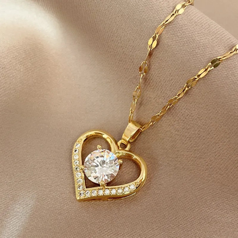 Artificial gems heart Pendant Necklaces for women Golden not fade color Titanium Stainless steel Neck Chain Girl female Jewelry - Giftcare 
