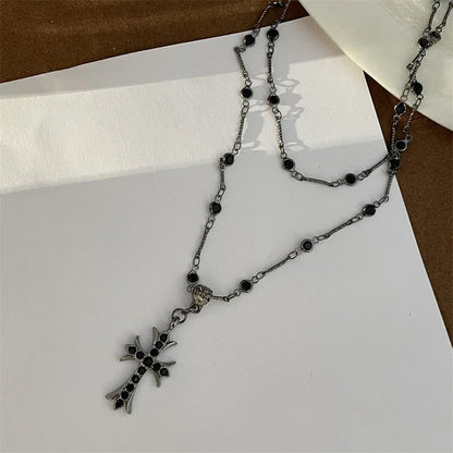 Summer Black Rhinestone Cross Jesus Pendant Choker Necklace for Women Punk Vintage Double Layers Chain 2024 Neck Boho Jewelry