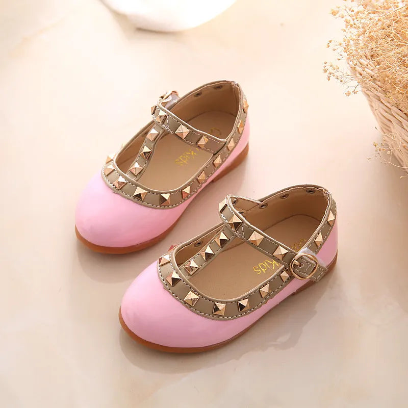 2023 New Girls Sandals Rivets Single Shoes Kids Leather Shoes children nude sandal toddler Girls Princess Flat Dance Shoes - Giftcare 
