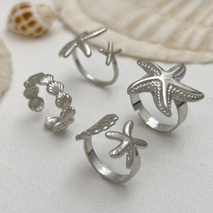 LATS 4Pcs/Set Starfish Scallop Adjustable Open Rings for Women Summer Trendy Geometric Gold Color Beach Jewelry Accessory