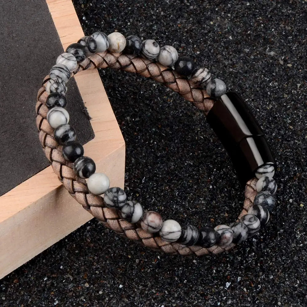 Natural Stone Bracelets Genuine Leather Braided Bracelets Black Stainless Steel Magnetic Clasp Tiger eye Bead Bangle Men Jewelry.Free Shipping