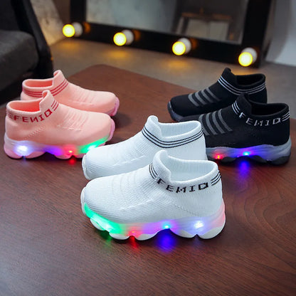 Kids Sneakers Children Baby Girls Boys Letter Mesh Led Luminous Socks Sport Run Sneakers Shoes Sapato Infantil Light Up Shoes - Giftcare 