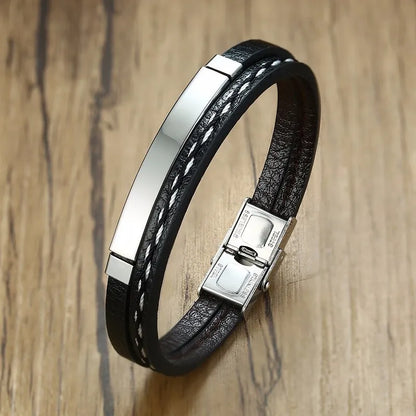 Delysia King 2021 Trendy Men Leatherwear Weave Bracelet Leisure Color Contrast Stainless Steel Bangle - Giftcare 