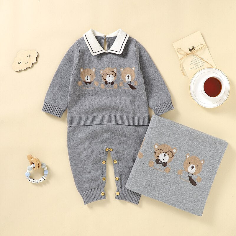 Newborn Baby Clothing Set 100%Cotton Knit Infant Girl Boy Romper +Blanket Cute Bears Toddler Long Sleeve Jumpsuit +Bedding Quilt - Giftcare 