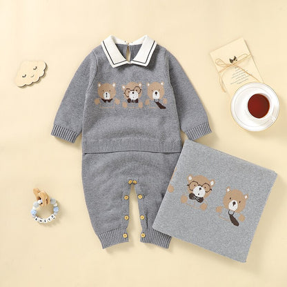 Newborn Baby Clothing Set 100%Cotton Knit Infant Girl Boy Romper +Blanket Cute Bears Toddler Long Sleeve Jumpsuit +Bedding Quilt - Giftcare 