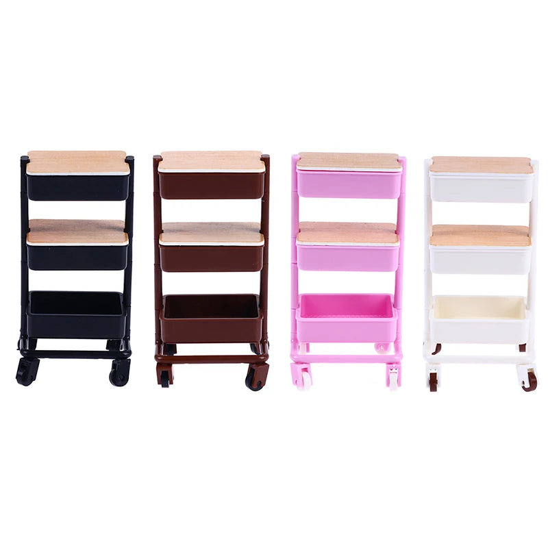 1Set 1:12  Dollhouse Miniature Trolley Dining Cart with Wheels Storage Display Shelf Bookshelf Furniture Model Decor Toy