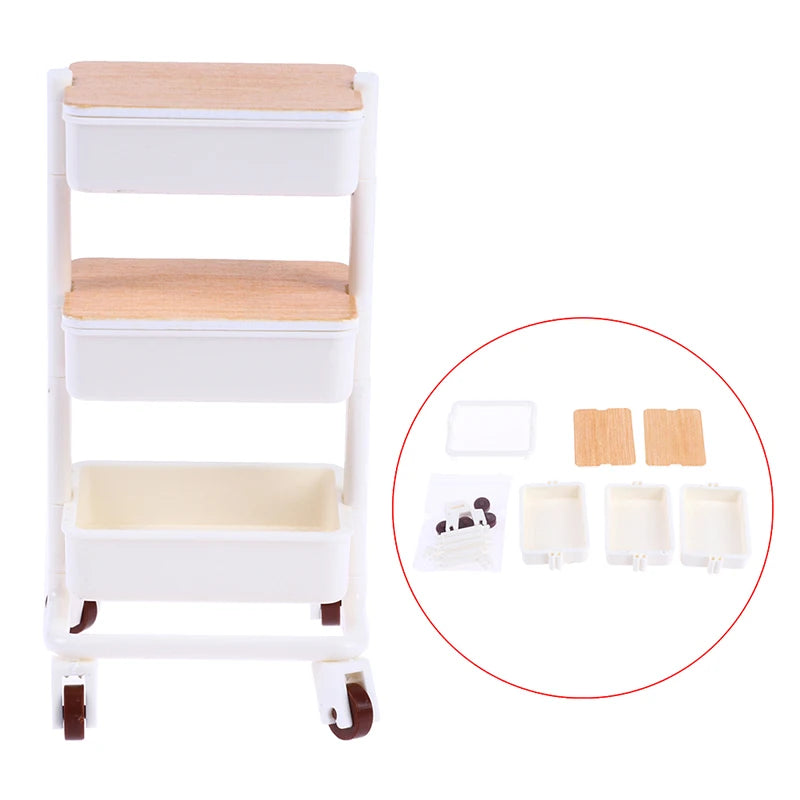 1Set 1:12  Dollhouse Miniature Trolley Dining Cart with Wheels Storage Display Shelf Bookshelf Furniture Model Decor Toy
