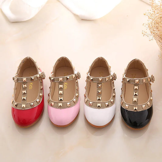 2023 New Girls Sandals Rivets Single Shoes Kids Leather Shoes children nude sandal toddler Girls Princess Flat Dance Shoes - Giftcare 