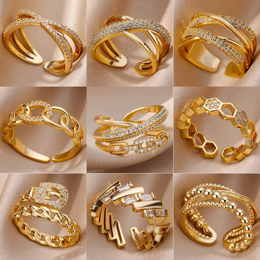 Fashion Gold Color Stainless Steel Rings For Women Chain Hollow Out Crystal Zircon Finger Ring Jewelry 2023 Gift anillos mujer.Free shipping