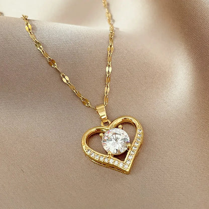 Artificial gems heart Pendant Necklaces for women Golden not fade color Titanium Stainless steel Neck Chain Girl female Jewelry - Giftcare 